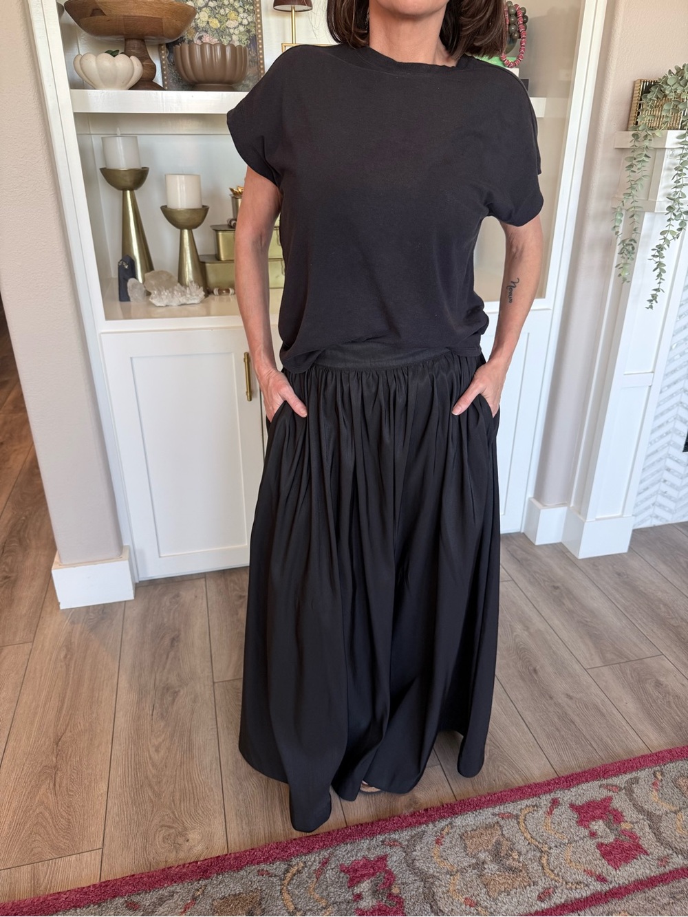 Great Black Gathered Maxi Skirt with pockets- Classic Women's Skirt